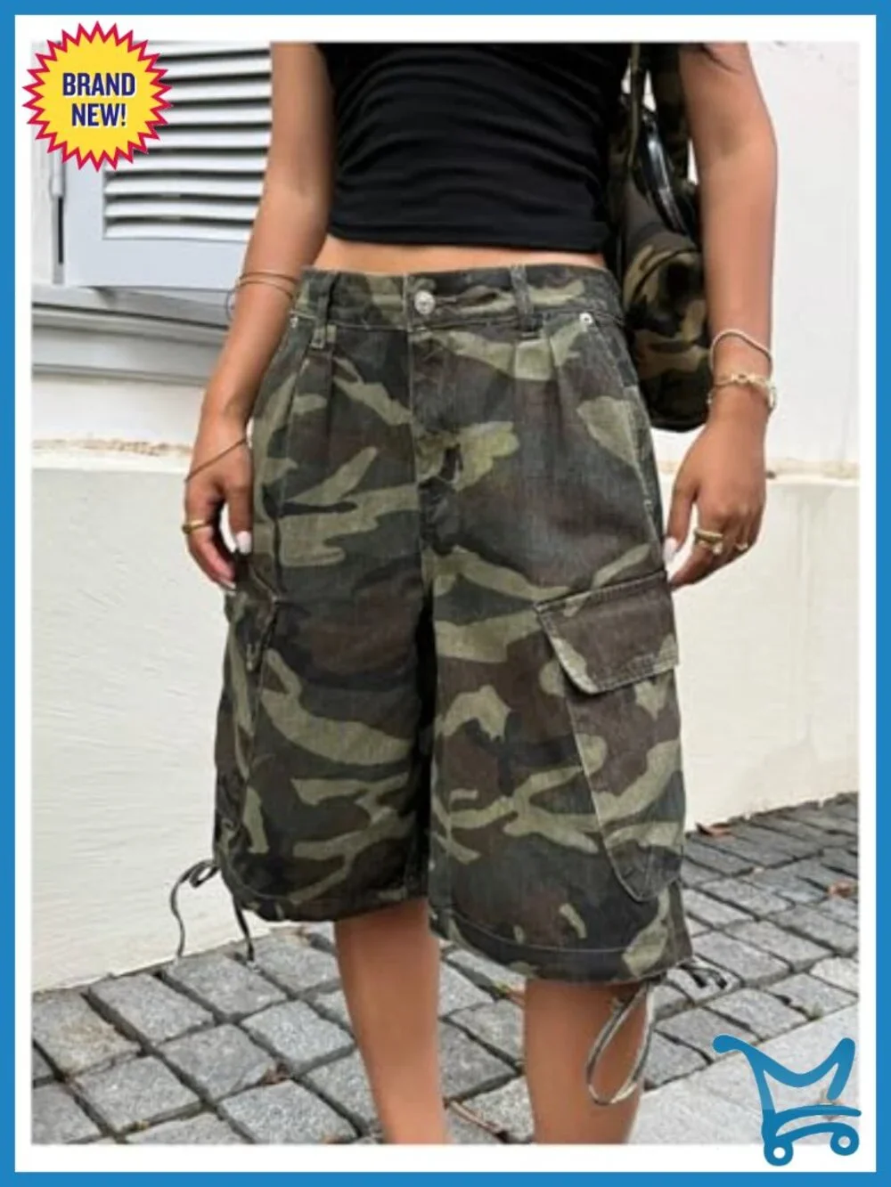 Women's Camo Denim Cargo Shorts Letter Graphic Baggy Bermuda with Flap Pockets